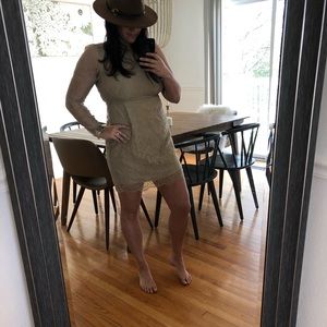 Lace Madison Marcus dress nude asymmetrical